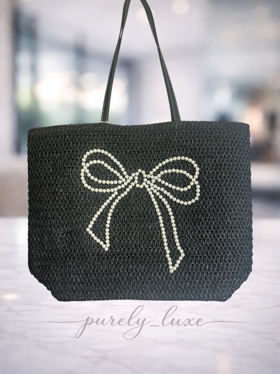 Handbags - Black Woven Tote Bag with Pearl Bow Accent